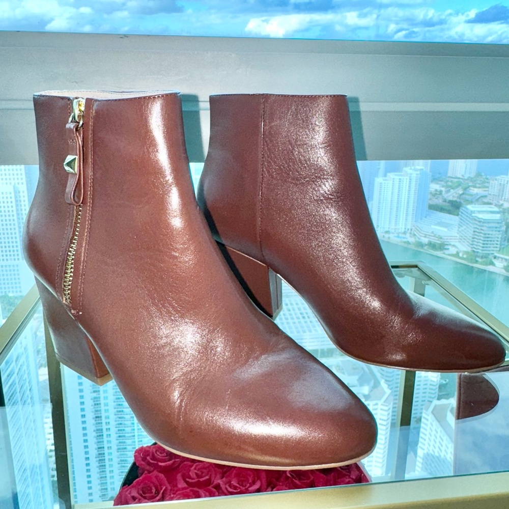 Kate Spade Brown Leather Ankle Boots with Gold Zipper